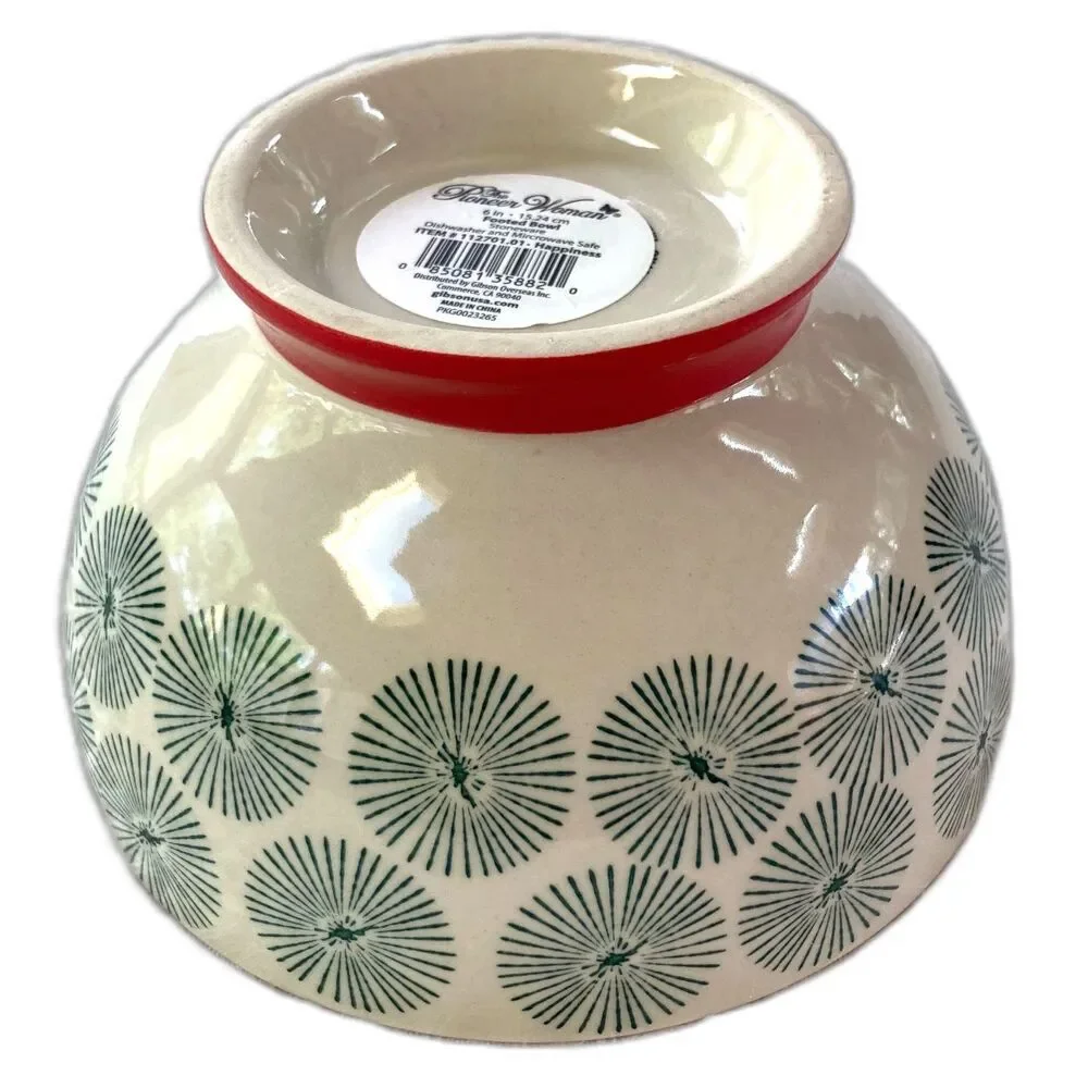 PIONEER WOMAN Bowl Cream with Green Starburst Red Interior 6 inches Set of 2